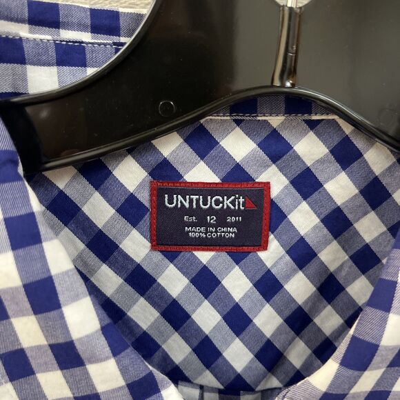 Untuckit Dress Shirt Women’s 12 L Gingham‎ Plaid Button Up Blue 100% Cotton New - Picture 3 of 5
